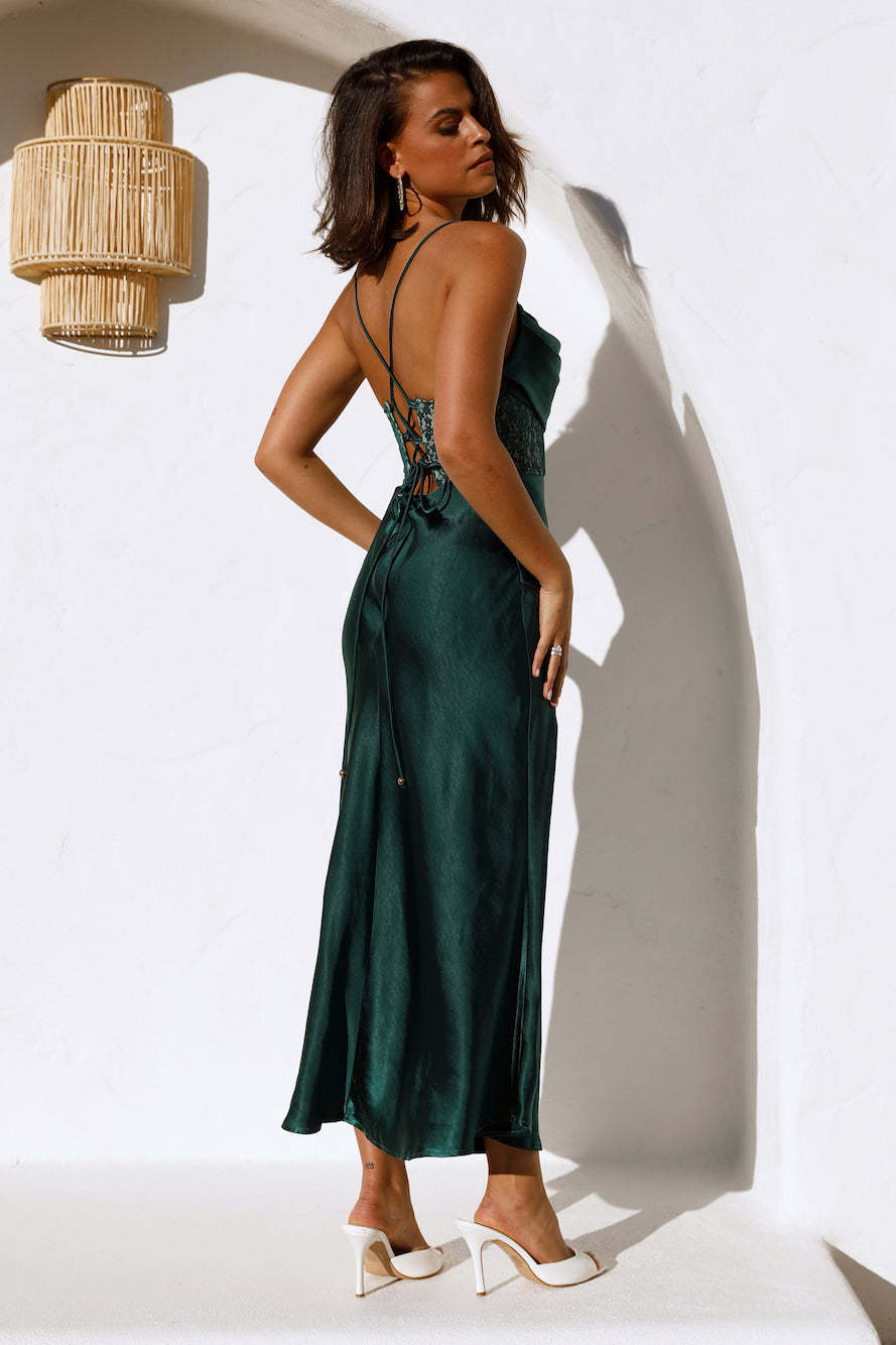 Sipping Waterfalls Satin Midi Dress Green