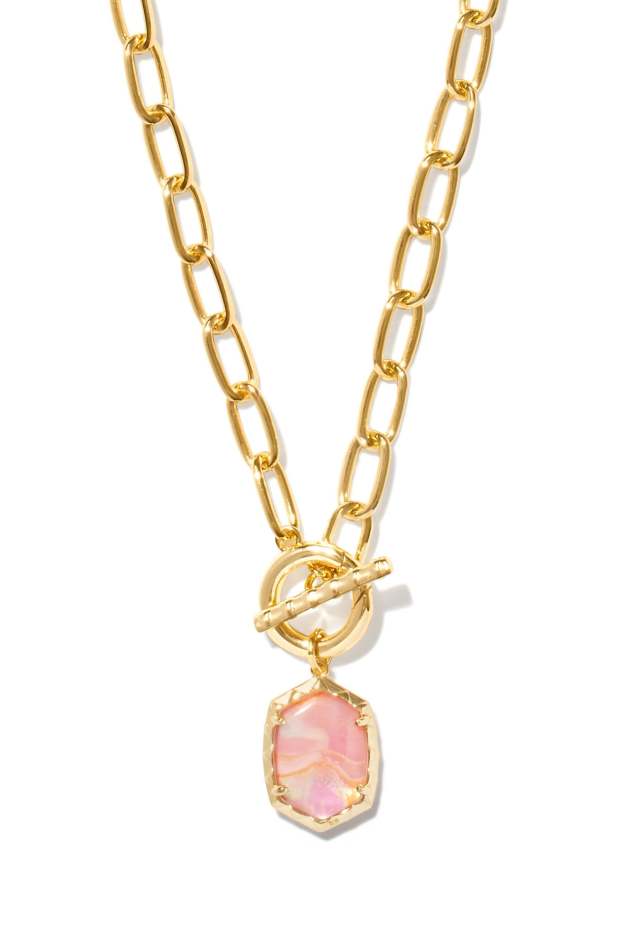 Daphne Link And Chain Necklace Gold Light Pink Iridescent Abalone