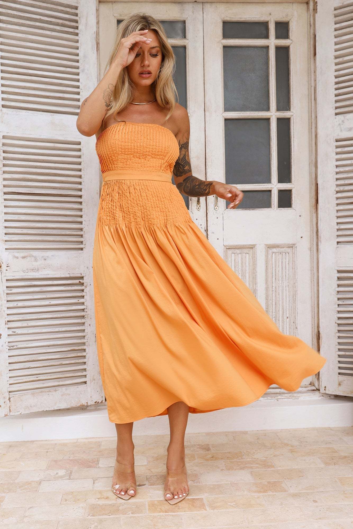 Tropical Resort Strapless Midi Dress Orange