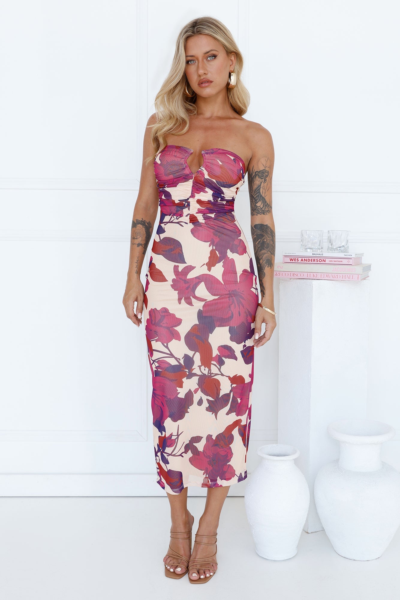 Chic Evenings Strapless Mesh Midi Dress Beige