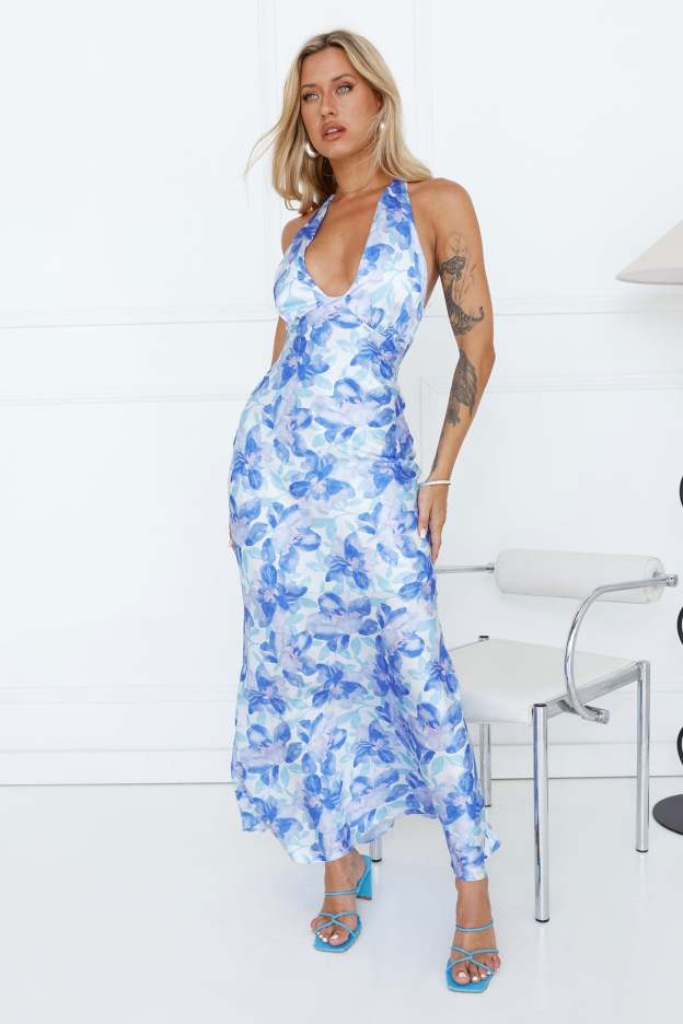 Affectionate Mood Satin Halter Maxi Dress Blue