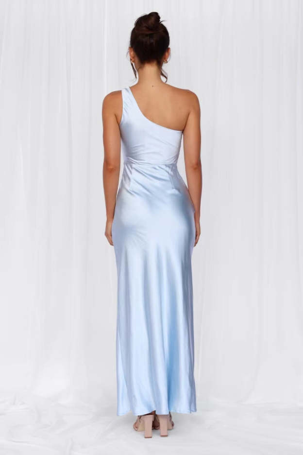 HELLO MOLLY The Aurora One Shoulder Satin Maxi Dress Blue
