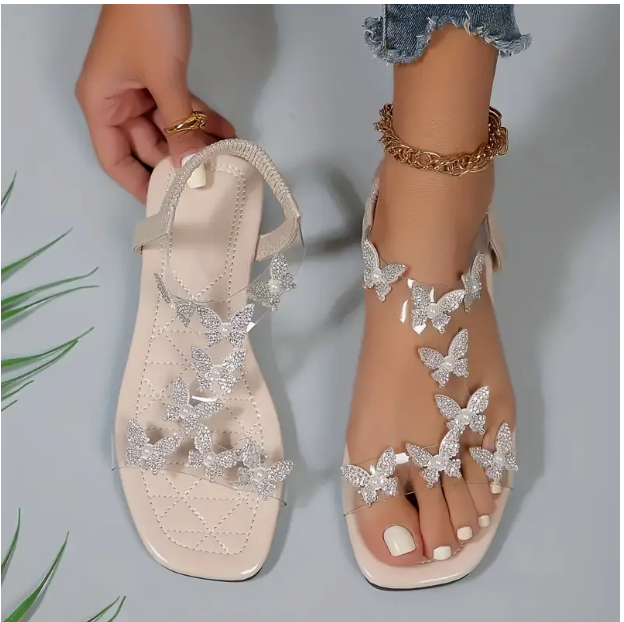 🔥Last Day Promotion 70% OFF🔥Women's Rhinestone Butterfly Decor Flat Sandals - Casual Open Toe Summer Shoes, Lightweight Elastic Band Sandals - For Women - Perfect for Summer Beach, Vacation & Casual Wear - Ideal Gift for Her