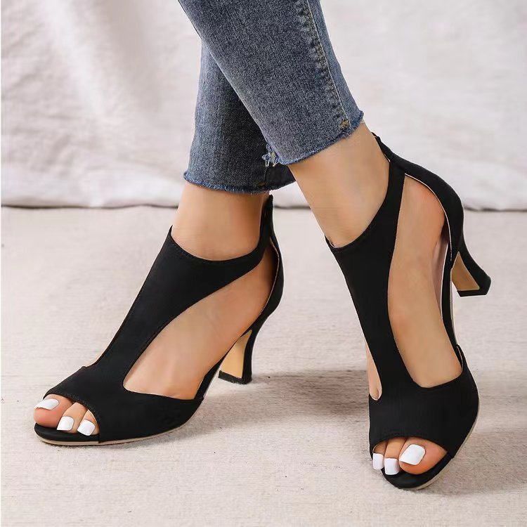 🔥Last Day Promotion 70% OFF🔥Women's Peep Toe T-strap High Heels, Chunky Heel Back Zipper Sandals - Fashion Black Shoes - Stylish & Comfortable - For Parties & Evening Events
