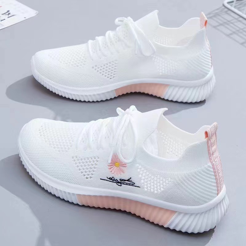 Breathable & Stylish Women's Running Shoes - Soft Sole, Lightweight, Mesh Upper with Floral Embroidery, Casual Outdoor Sports Footwear in White, Ladies Sneakers