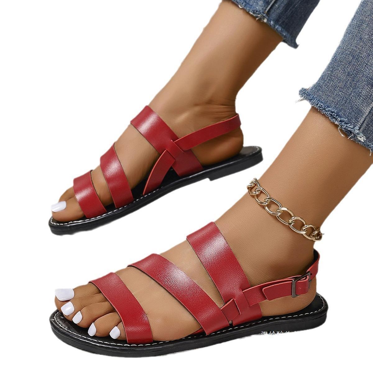 🔥Last Day Promotion 70% OFF🔥Women's Roman Flat Sandals - Solid Color Open Round Toe Ankle Strap - Casual Beach Sandals - For Women - Summer Wear - Perfect Gift for Vacation