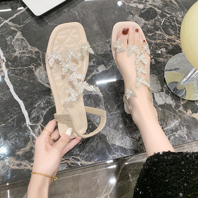 🔥Last Day Promotion 70% OFF🔥Women's Rhinestone Butterfly Decor Flat Sandals - Casual Open Toe Summer Shoes, Lightweight Elastic Band Sandals - For Women - Perfect for Summer Beach, Vacation & Casual Wear - Ideal Gift for Her