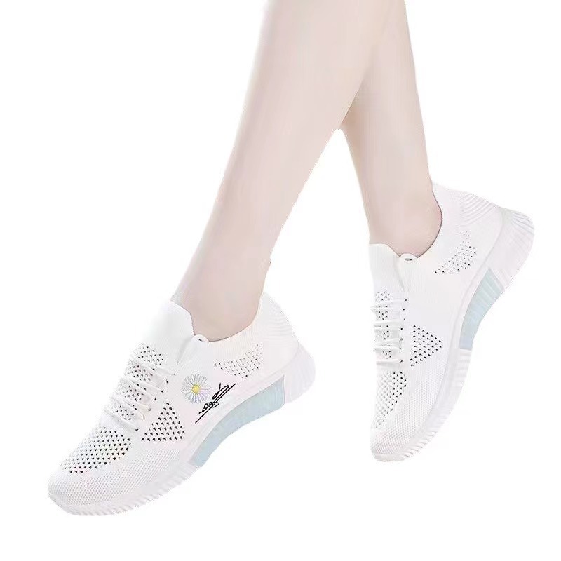 Breathable & Stylish Women's Running Shoes - Soft Sole, Lightweight, Mesh Upper with Floral Embroidery, Casual Outdoor Sports Footwear in White, Ladies Sneakers