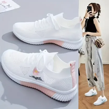 Breathable & Stylish Women's Running Shoes - Soft Sole, Lightweight, Mesh Upper with Floral Embroidery, Casual Outdoor Sports Footwear in White, Ladies Sneakers