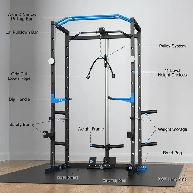 Power Rack Cage with LAT Pull Down, 1600lbs Capacity Multi-Functional Squat Rack with 11 Adjustable Heights, Pulley System, Dip Bar, Landmine & More Power Rack Attachments for Home Gym