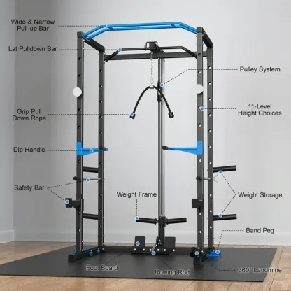 Power Rack Cage with LAT Pull Down, 1600lbs Capacity Multi-Functional Squat Rack with 11 Adjustable Heights, Pulley System, Dip Bar, Landmine & More Power Rack Attachments for Home Gym