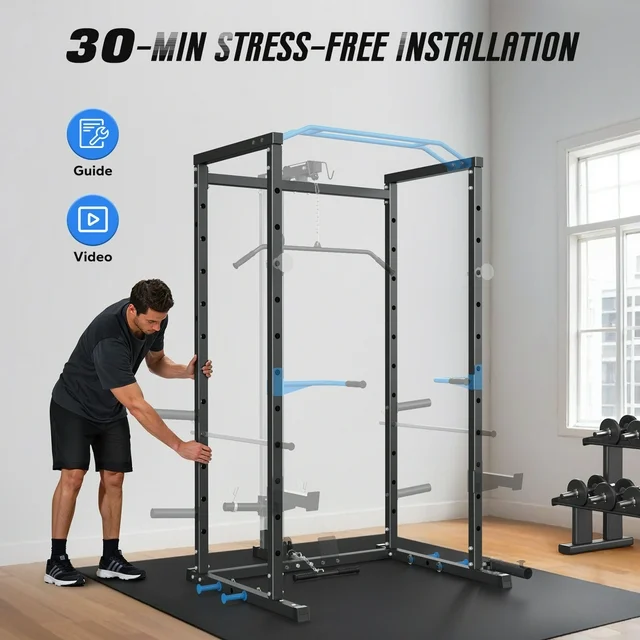 Power Rack Cage with LAT Pull Down, 1600lbs Capacity Multi-Functional Squat Rack with 11 Adjustable Heights, Pulley System, Dip Bar, Landmine & More Power Rack Attachments for Home Gym