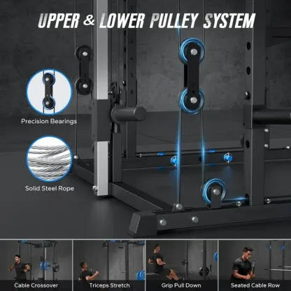 Power Rack Cage with LAT Pull Down, 1600lbs Capacity Multi-Functional Squat Rack with 21 Adjustable Heights, Pulley System, Dip Bar, Landmine & More Power Rack Attachments for Home Gym