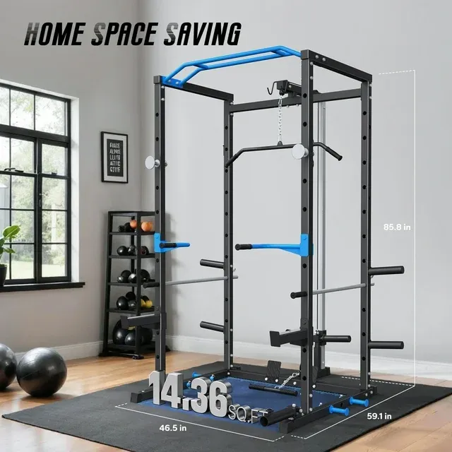 Power Rack Cage with LAT Pull Down, 1600lbs Capacity Multi-Functional Squat Rack with 11 Adjustable Heights, Pulley System, Dip Bar, Landmine & More Power Rack Attachments for Home Gym