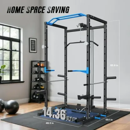 Power Rack Cage with LAT Pull Down, 1600lbs Capacity Multi-Functional Squat Rack with 11 Adjustable Heights, Pulley System, Dip Bar, Landmine & More Power Rack Attachments for Home Gym