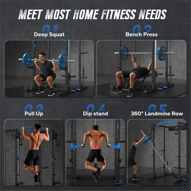 Power Rack Cage with LAT Pull Down, 1600lbs Capacity Multi-Functional Squat Rack with 21 Adjustable Heights, Pulley System, Dip Bar, Landmine & More Power Rack Attachments for Home Gym