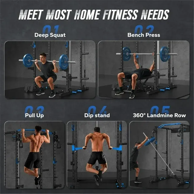 Power Rack Cage with LAT Pull Down, 1600lbs Capacity Multi-Functional Squat Rack with 21 Adjustable Heights, Pulley System, Dip Bar, Landmine & More Power Rack Attachments for Home Gym