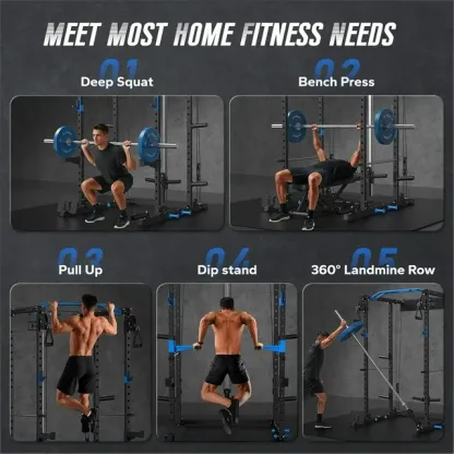 Power Rack Cage with LAT Pull Down, 1600lbs Capacity Multi-Functional Squat Rack with 21 Adjustable Heights, Pulley System, Dip Bar, Landmine & More Power Rack Attachments for Home Gym