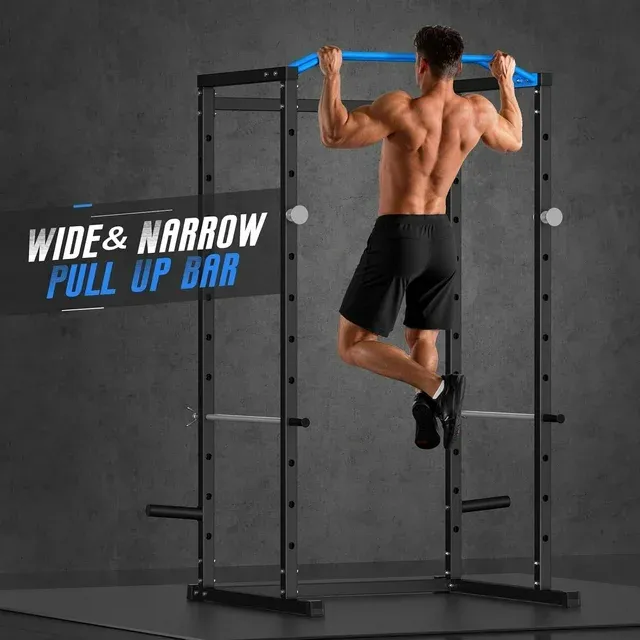 Power Rack Cage with 11 Adjustable Heights, 1600lbs Capacity Multi-Functional Squat Rack for Home Gym