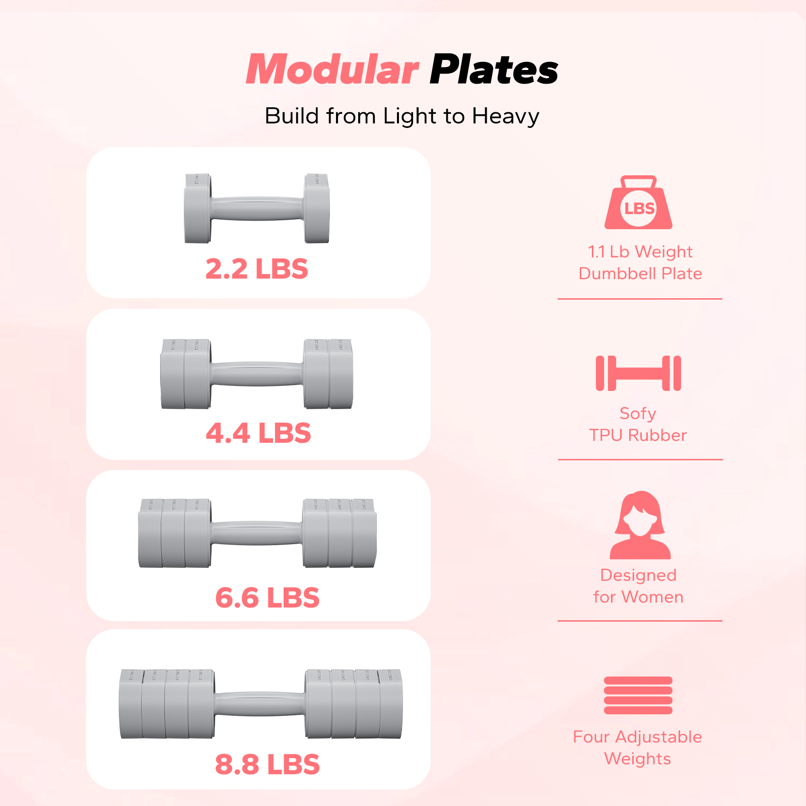 MERACH 4-in-1 Adjustable Dumbbells, 2-Pack, Each 2.2/4.4/6.6/8.8 lbs, Hand Weights for Women, for Home Fitness Training, Gray