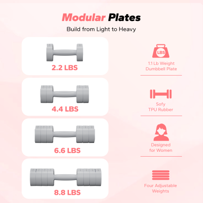 MERACH 4-in-1 Adjustable Dumbbells, 2-Pack, Each 2.2/4.4/6.6/8.8 lbs, Hand Weights for Women, for Home Fitness Training, Gray
