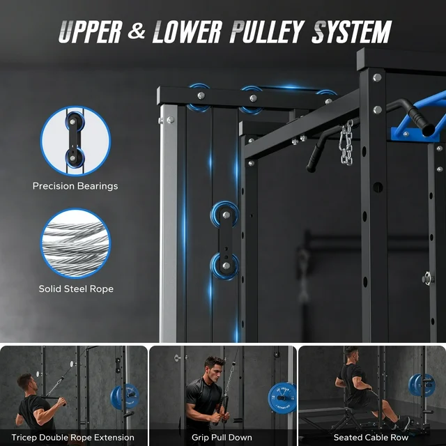 Power Rack Cage with LAT Pull Down, 1600lbs Capacity Multi-Functional Squat Rack with 11 Adjustable Heights, Pulley System, Dip Bar, Landmine & More Power Rack Attachments for Home Gym