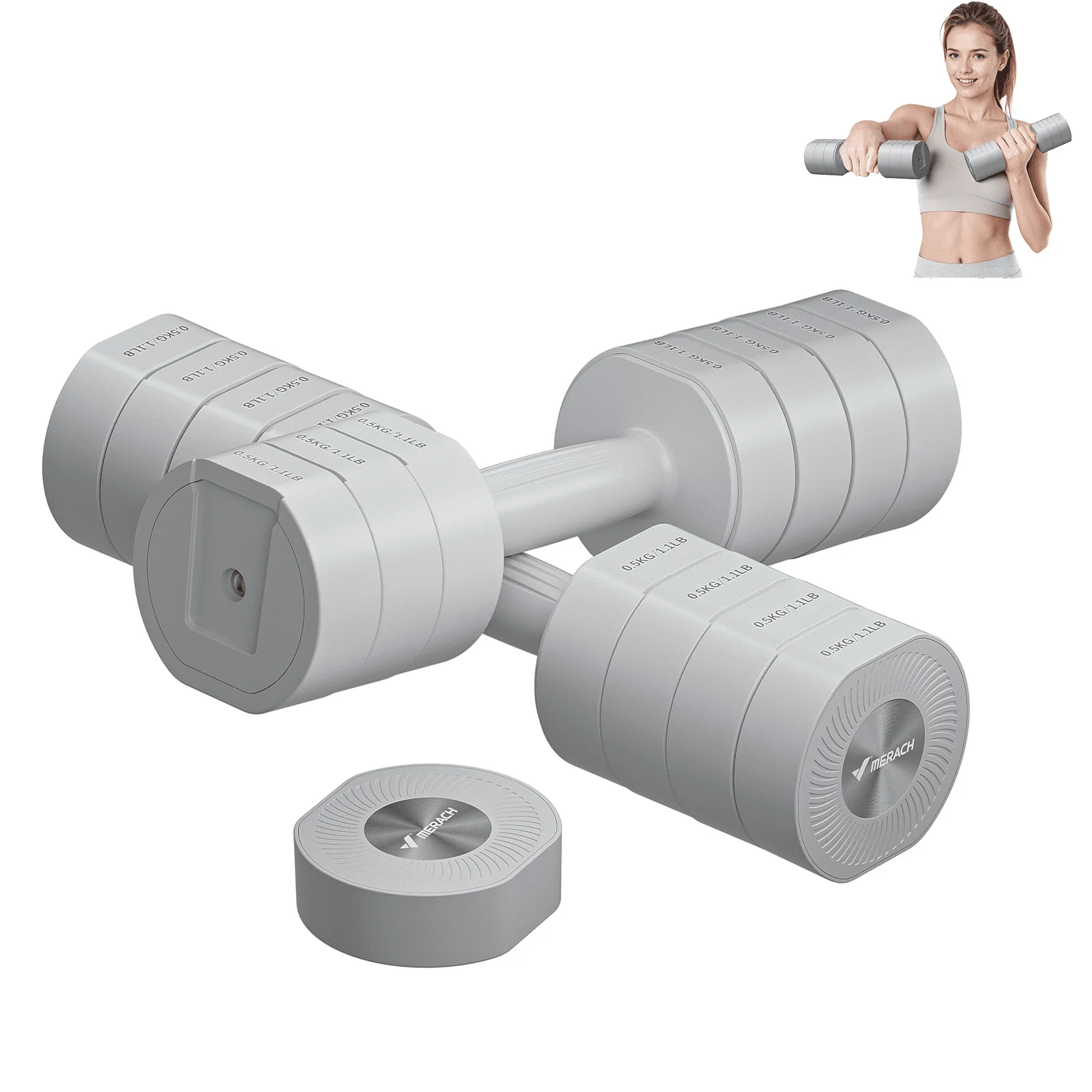 MERACH 4-in-1 Adjustable Dumbbells, 2-Pack, Each 2.2/4.4/6.6/8.8 lbs, Hand Weights for Women, for Home Fitness Training, Gray