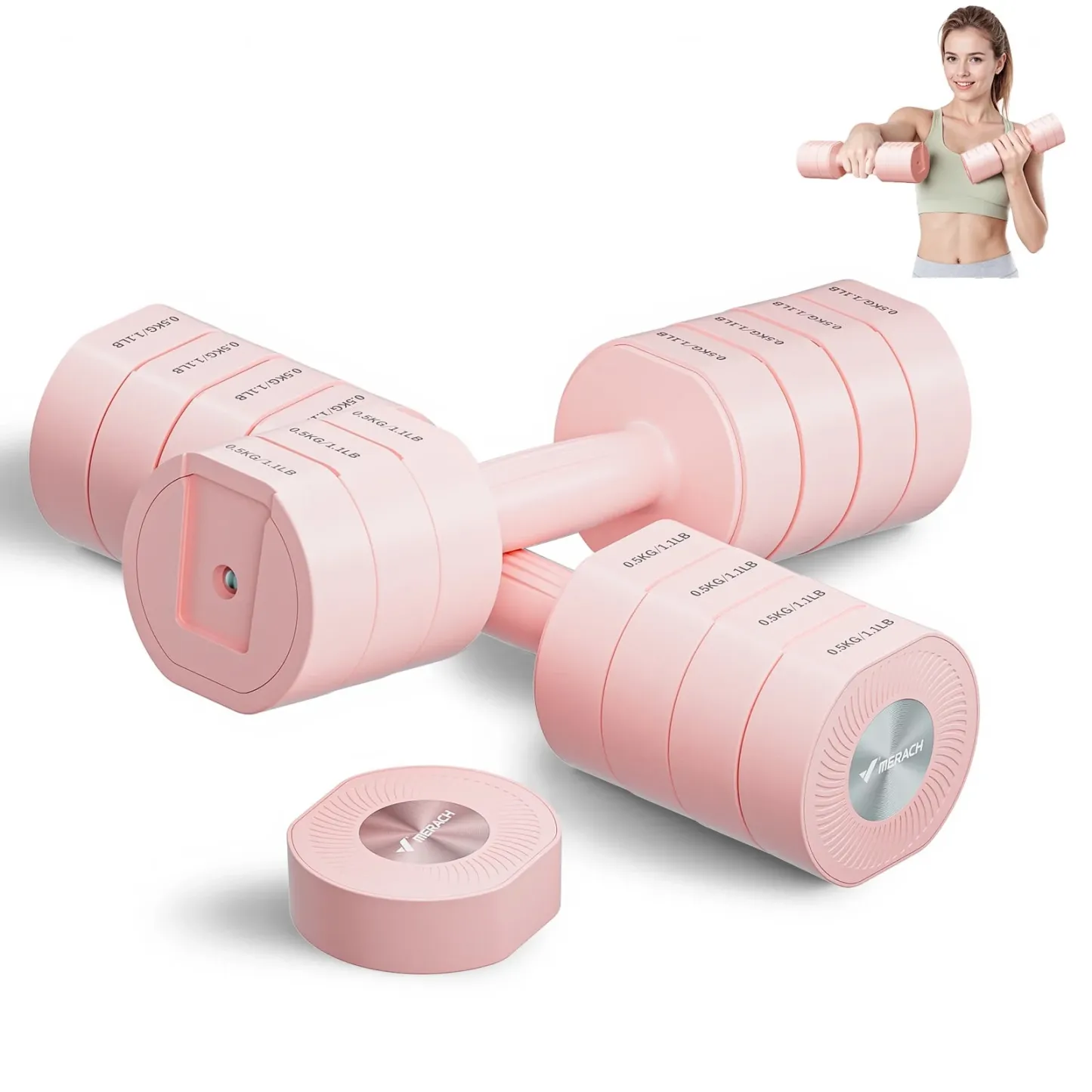 MERACH 4-in-1 Adjustable Dumbbells, 2-Pack, Each 2.2/4.4/6.6/8.8 lbs, Hand Weights for Women, for Home Fitness Training, Pink