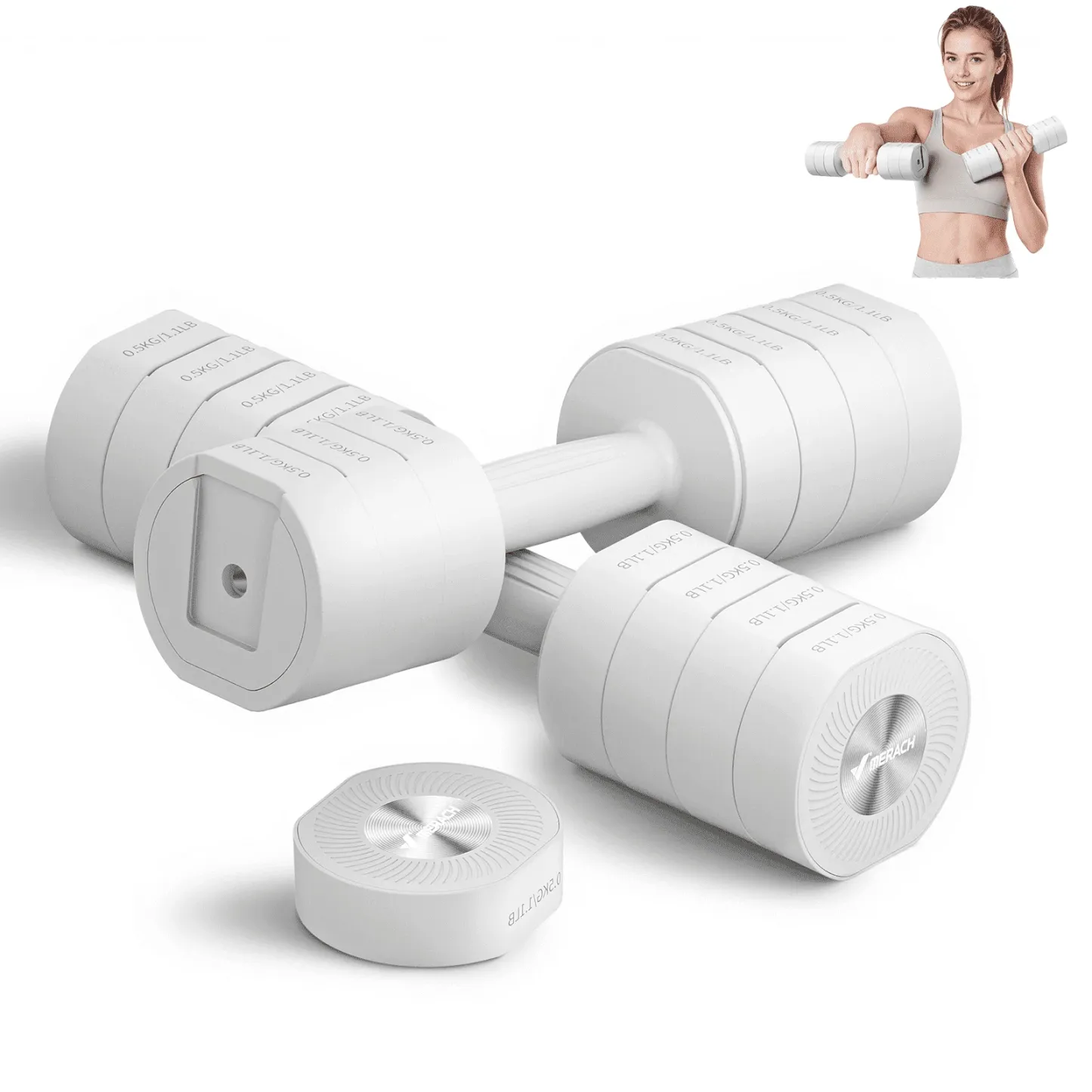 MERACH 4-in-1 Adjustable Dumbbells, 2-Pack, Each 2.2/4.4/6.6/8.8 lbs, Hand Weights for Women, for Home Fitness Training, White