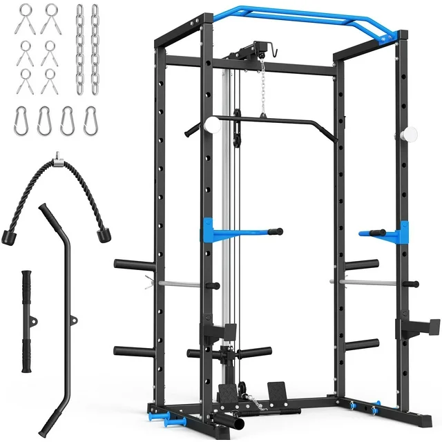 Power Rack Cage with LAT Pull Down, 1600lbs Capacity Multi-Functional Squat Rack with 11 Adjustable Heights, Pulley System, Dip Bar, Landmine & More Power Rack Attachments for Home Gym