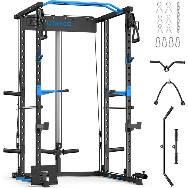 Power Rack Cage with LAT Pull Down, 1600lbs Capacity Multi-Functional Squat Rack with 21 Adjustable Heights, Pulley System, Dip Bar, Landmine & More Power Rack Attachments for Home Gym