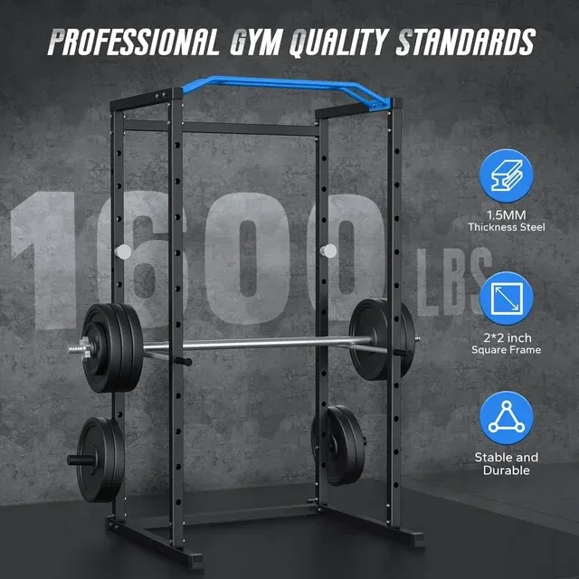 Power Rack Cage with 11 Adjustable Heights, 1600lbs Capacity Multi-Functional Squat Rack for Home Gym