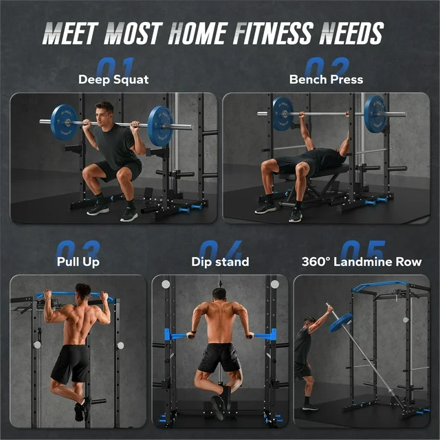 Power Rack Cage with LAT Pull Down, 1600lbs Capacity Multi-Functional Squat Rack with 11 Adjustable Heights, Pulley System, Dip Bar, Landmine & More Power Rack Attachments for Home Gym