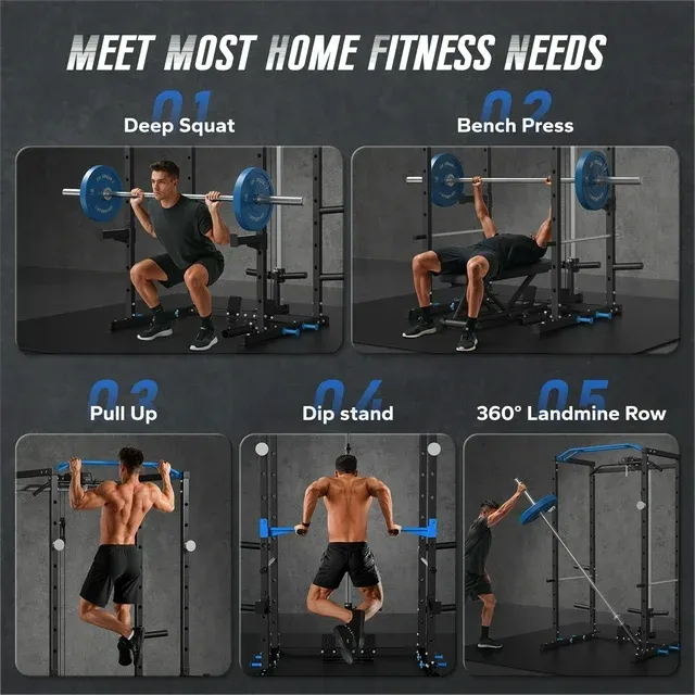 Power Rack Cage with LAT Pull Down, 1600lbs Capacity Multi-Functional Squat Rack with 11 Adjustable Heights, Pulley System, Dip Bar, Landmine & More Power Rack Attachments for Home Gym