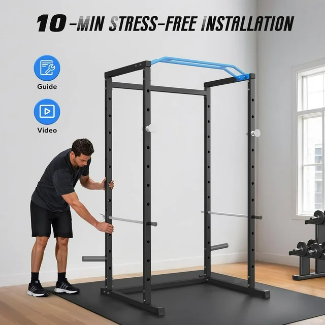 Power Rack Cage with 11 Adjustable Heights, 1600lbs Capacity Multi-Functional Squat Rack for Home Gym