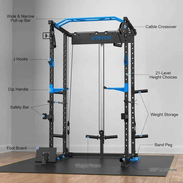 Power Rack Cage with LAT Pull Down, 1600lbs Capacity Multi-Functional Squat Rack with 21 Adjustable Heights, Pulley System, Dip Bar, Landmine & More Power Rack Attachments for Home Gym