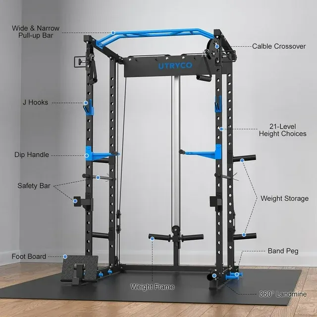 Power Rack Cage with LAT Pull Down, 1600lbs Capacity Multi-Functional Squat Rack with 21 Adjustable Heights, Pulley System, Dip Bar, Landmine & More Power Rack Attachments for Home Gym
