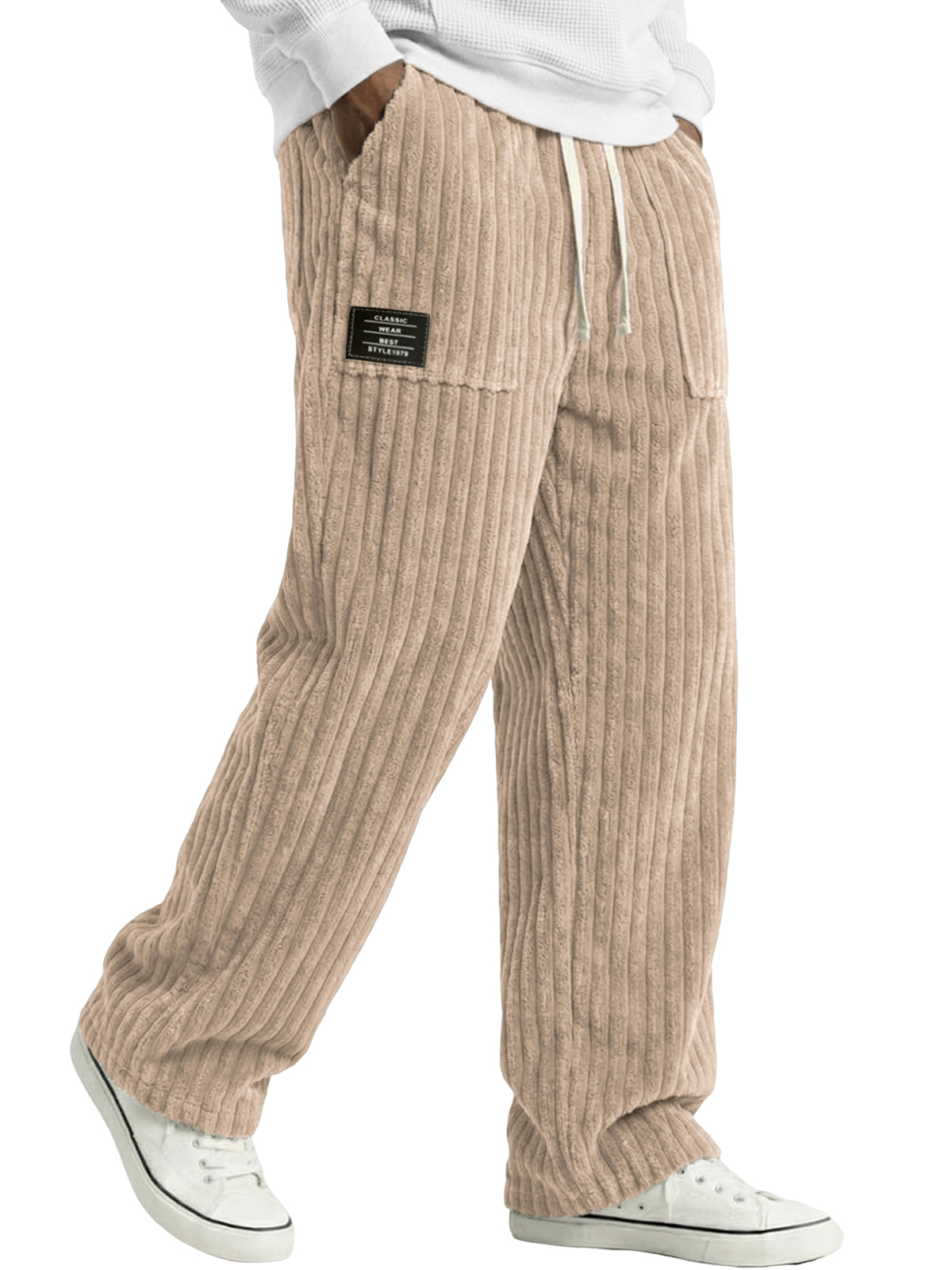 Men's Stylish Corduroy Pants with Embroidered Labels and Patch Pockets