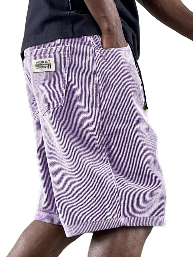 Men's Casual Retro Multi Pocket Embroidered Logo Workwear Corduroy Shorts