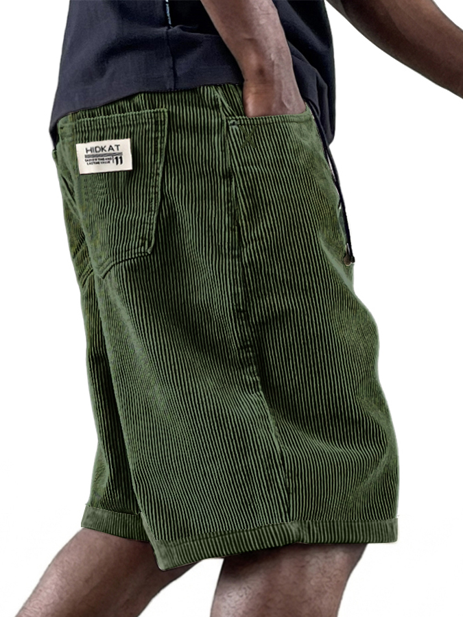 Men's Casual Retro Multi Pocket Embroidered Logo Workwear Corduroy Shorts