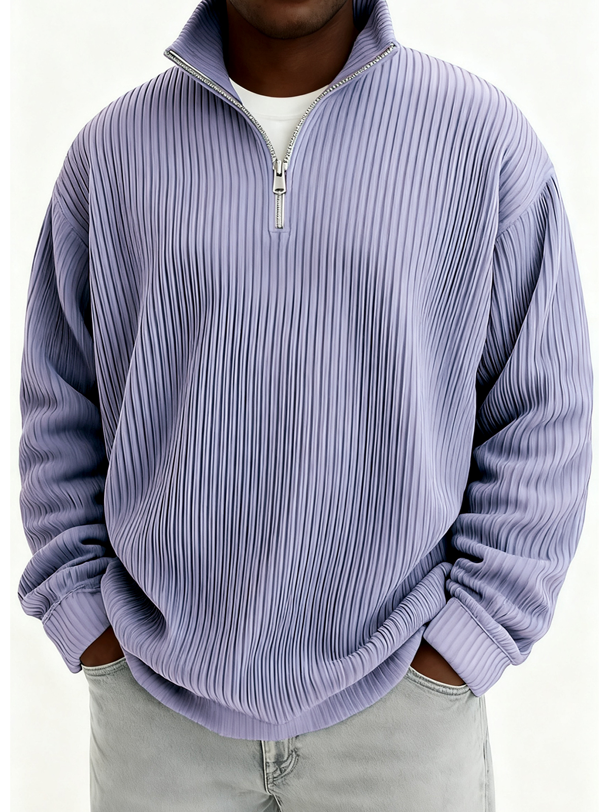 Men's Quarter-Zip Stylish Pleated Ribbed Pullover