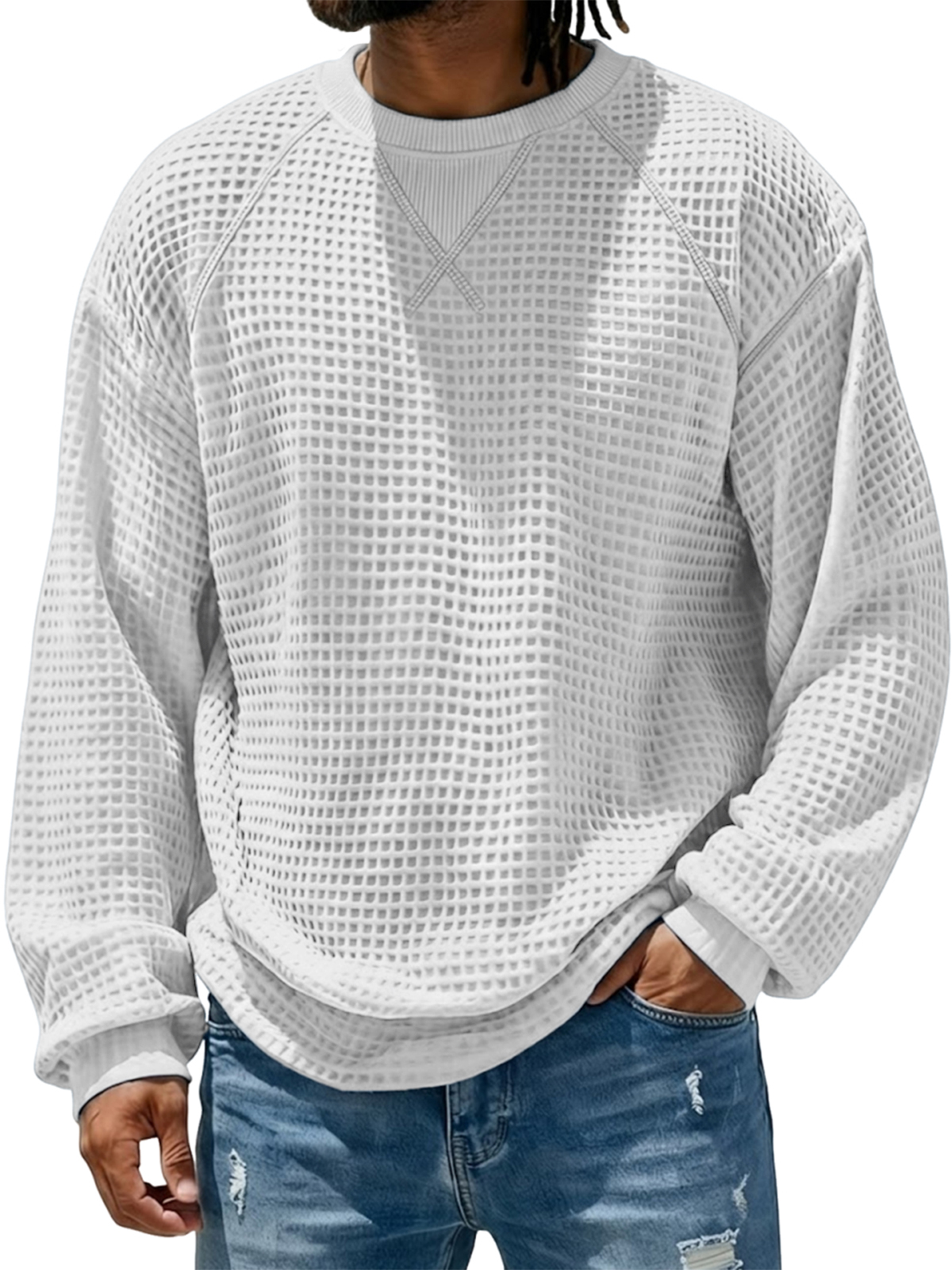 Men's Breathable Waffle Textured Raglan Patchwork Basic Pullover Top