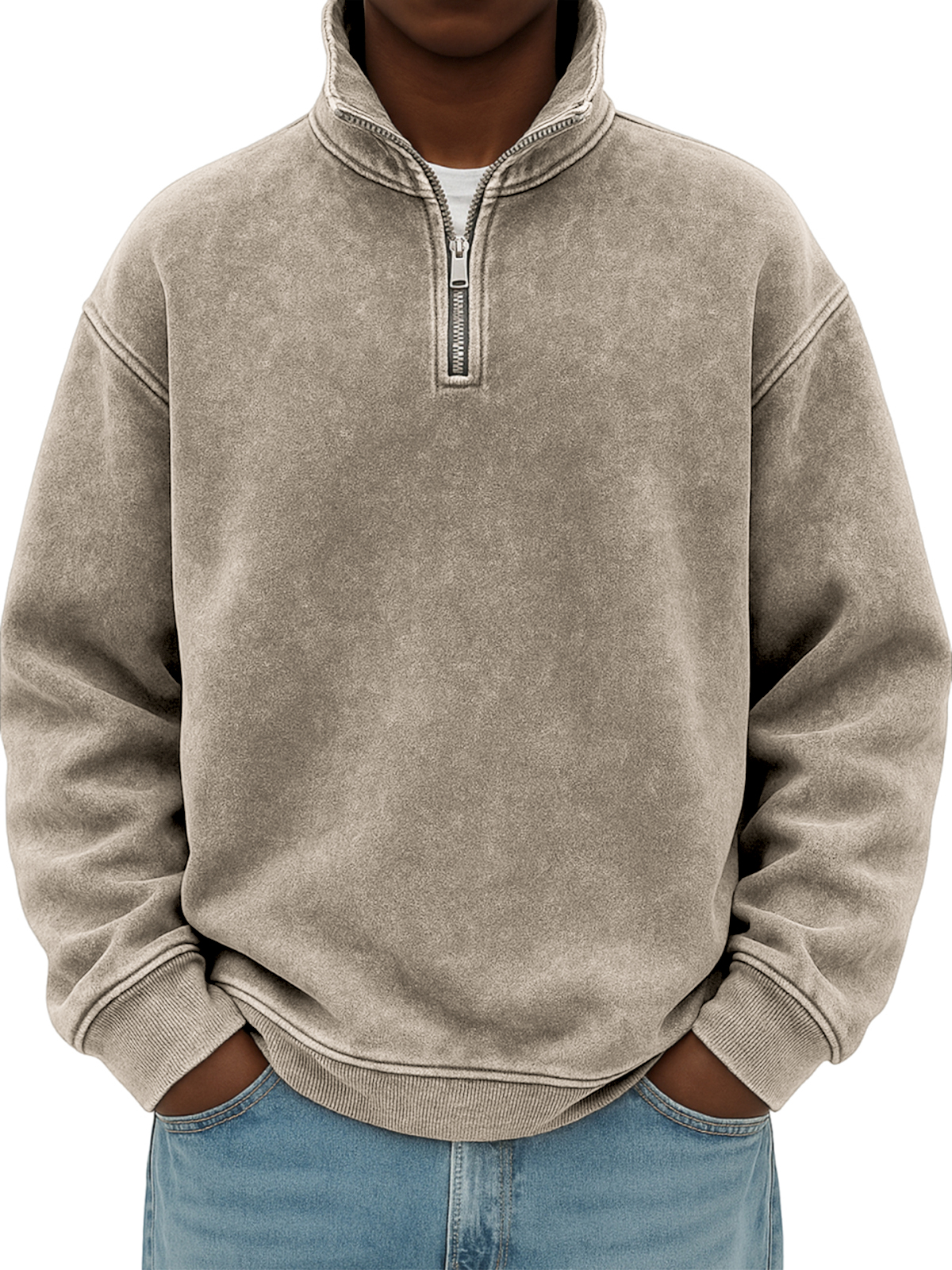 Men's Stylish Quarter-zip Distressed Stand Collar Basic Pullover