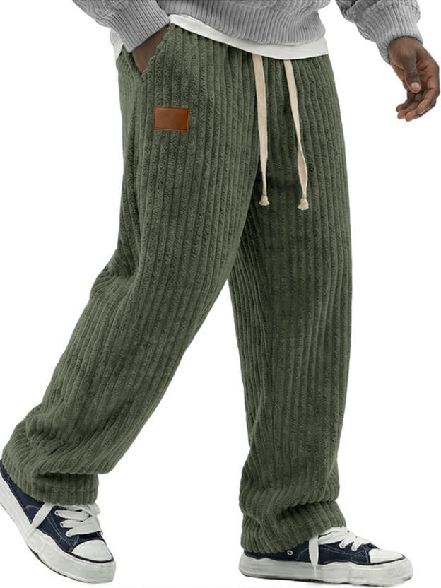 Men's Simple Soft Corduroy Pants with Leather Embroidery Patchwork