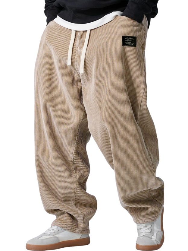 Men's Retro Corduroy Casual Loose Trousers with Embroidered Label