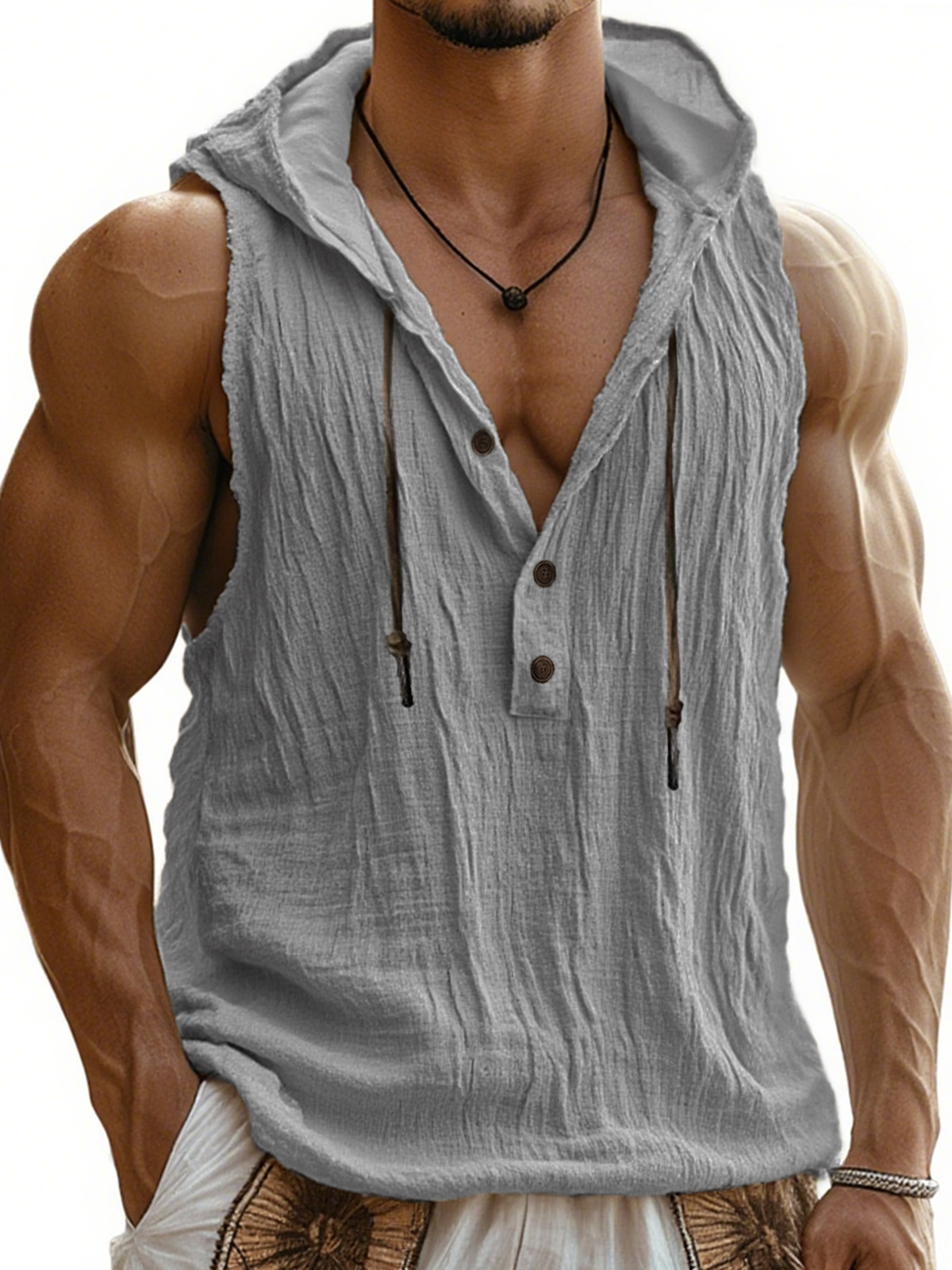 Men's Comfort Linen Sun-proof Drawstring Hooded Sleeveless Vest Vacation Henley Shirt