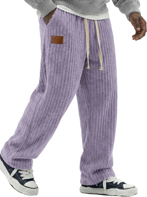 Men's Simple Soft Corduroy Pants with Leather Embroidery Patchwork