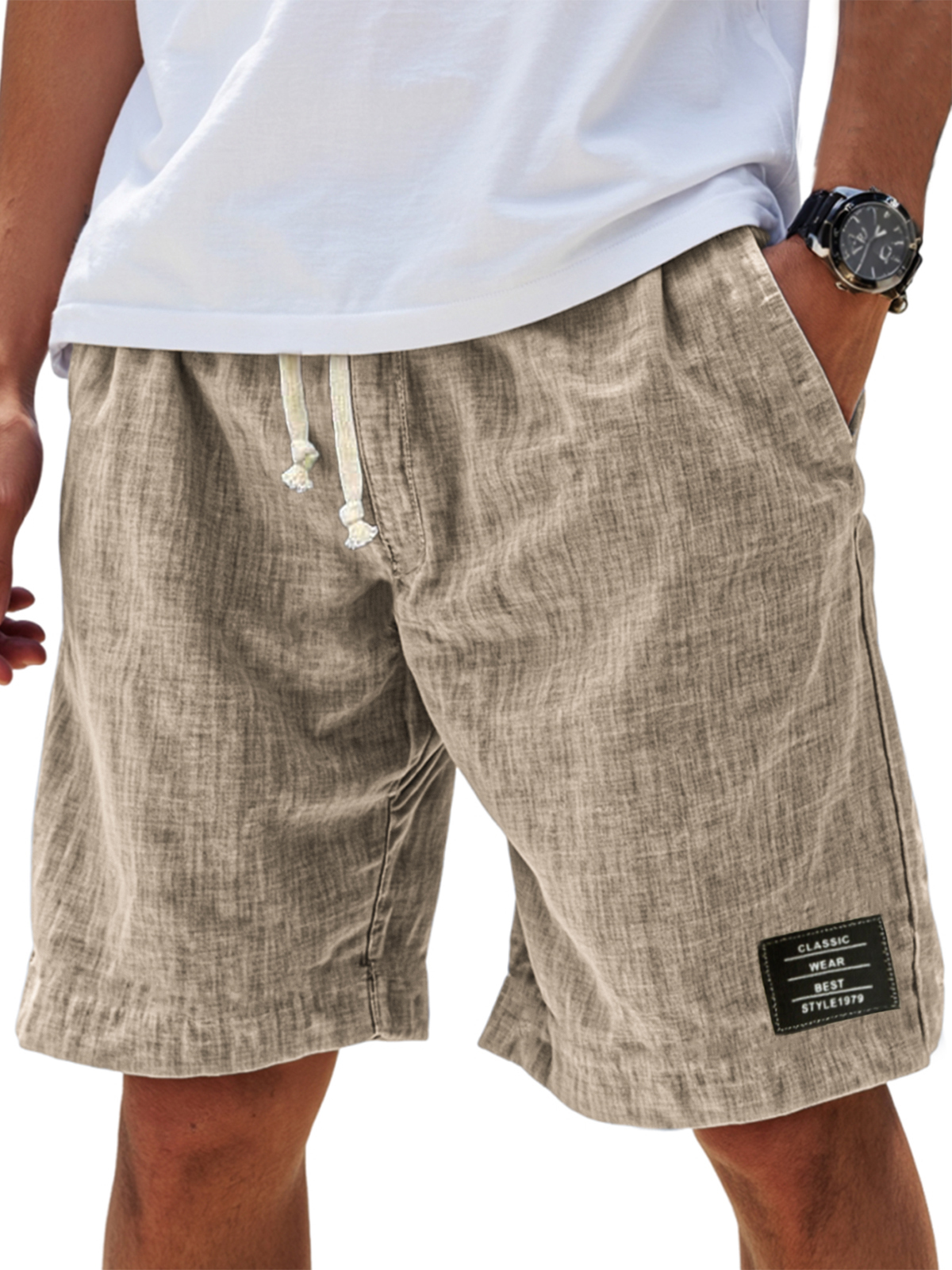 Herren Leinen Urlaub Klassische Bestickte Etikett Alltag Komfort Shorts