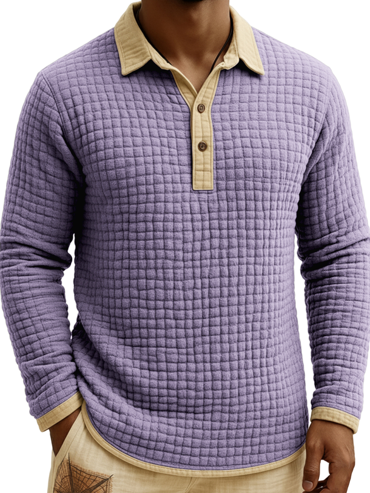 Men's Jacquard Quilted Waffle Contrast Color Pullover Button-down Polo Shirt