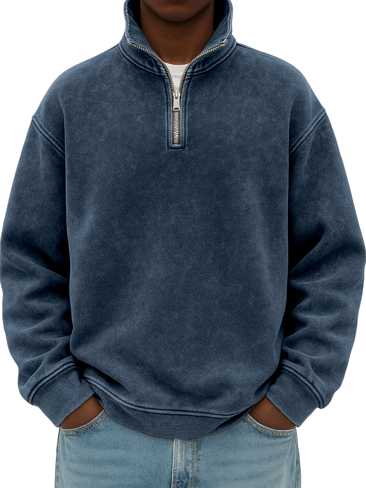 Men's Stylish Quarter-zip Distressed Stand Collar Basic Pullover